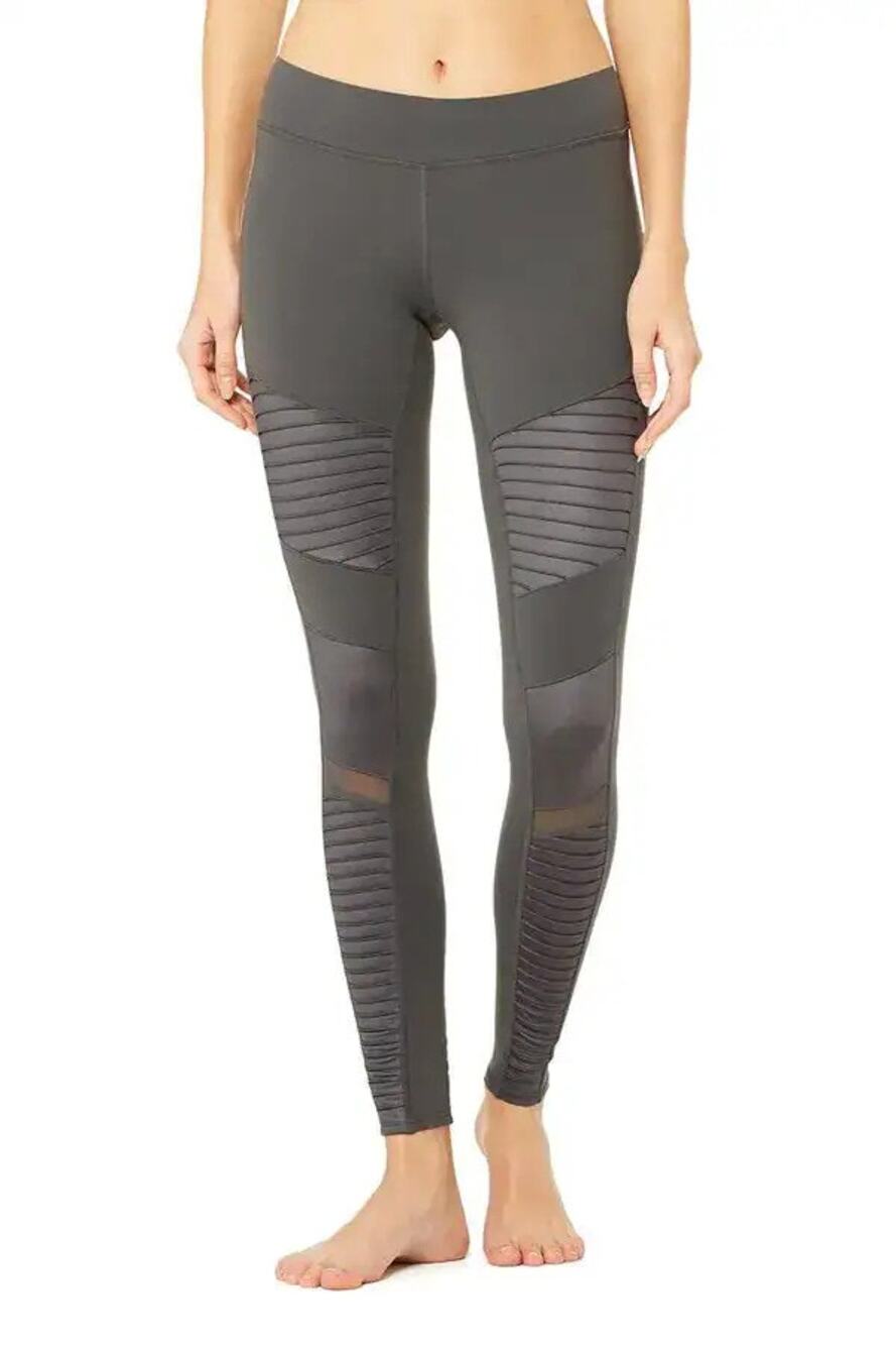 Alo Yoga Moto Leggings Women's Medium Anthracite/Anthracite Glossy Mesh Detail